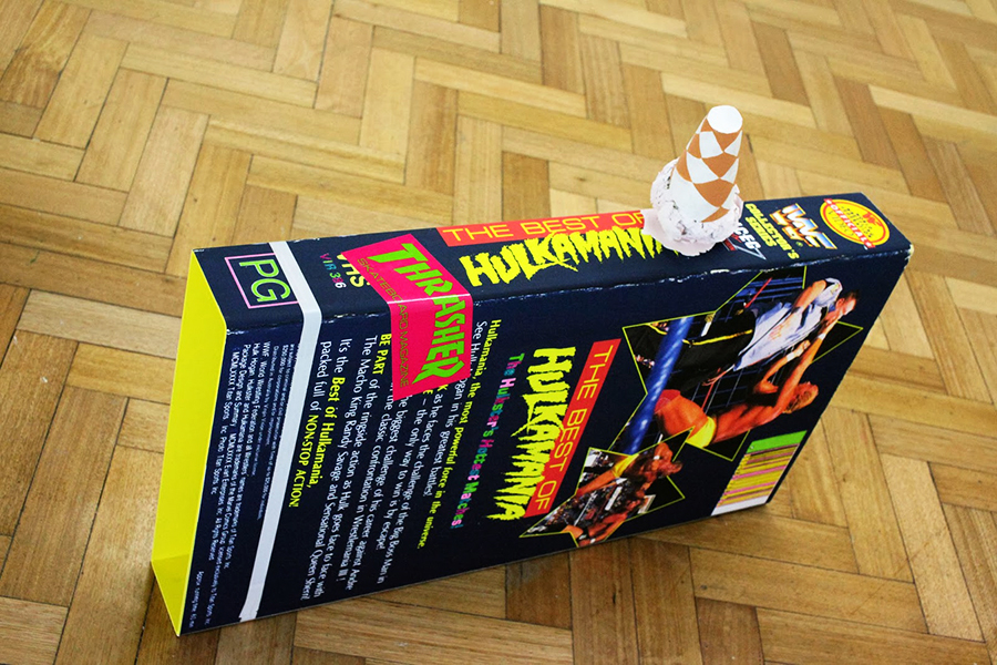 Christopher Dolman. <em>I Scream Hulksta</em> 2012. Digital print on paper mounted on powder coated aluminium, stickers, acrylic and Posca pen on paper, plasticine, masking and electrical tape.